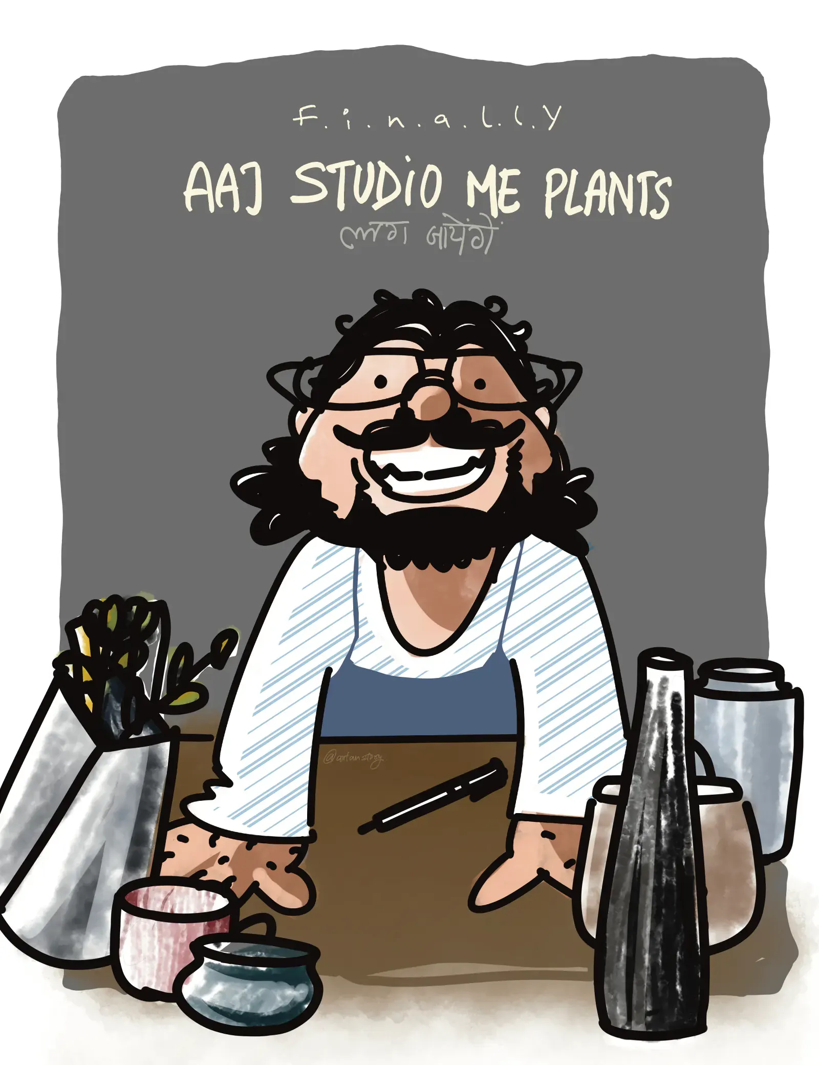 ArtOLiv studio - the artist at work, illustrated portrait of the studio founder